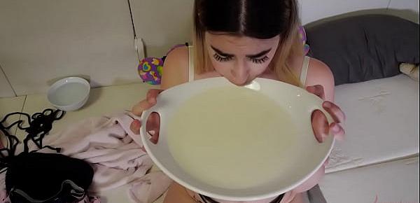  Female chastity slave Lexi Grey gets a morning piss beverage, then is roughly ass fucked with she paints with cum